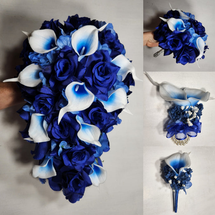 Royal Blue Rose Calla Lily Bridal Wedding Bouquet Accessories