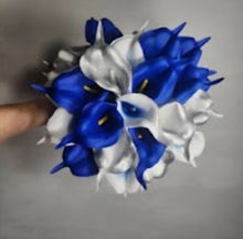 Load image into Gallery viewer, Royal Blue Silver White Calla Lily Bridal Wedding Bouquet Accessories