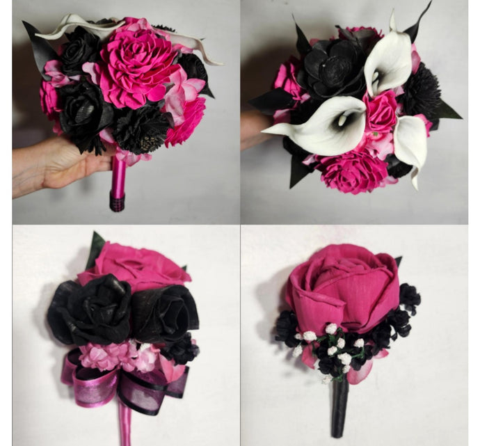 Fuchsia Pink Black Rose Calla Lily Bridal Wedding Bouquet Accessories