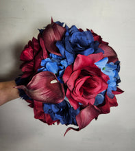 Load image into Gallery viewer, Burgundy Navy Blue Rose Calla Lily Bridal Wedding Bouquet Accessories