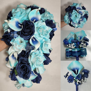 Turquoise Navy Blue Rose Calla Lily Bridal Wedding Bouquet Accessories