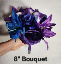 Load image into Gallery viewer, Purple Royal Blue Rose Tiger Lily Bridal Wedding Bouquet Accessories