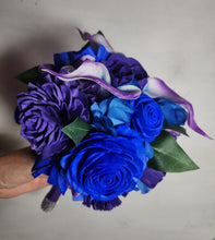 Load image into Gallery viewer, Purple Royal Blue Rose Calla Lily Sola Wood Bridal Wedding Bouquet Accessories