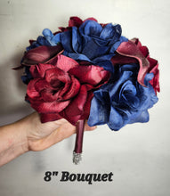Load image into Gallery viewer, Burgundy Navy Blue Rose Calla Lily Bridal Wedding Bouquet Accessories