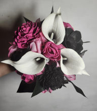 Load image into Gallery viewer, Fuchsia Pink Black Rose Calla Lily Bridal Wedding Bouquet Accessories