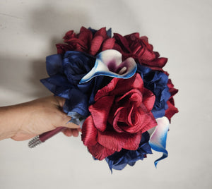 Burgundy Navy Blue Rose Calla Lily Bridal Wedding Bouquet Accessories