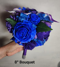 Load image into Gallery viewer, Purple Royal Blue Rose Calla Lily Sola Wood Bridal Wedding Bouquet Accessories