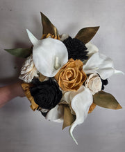 Load image into Gallery viewer, Gold Ivory Black Rose Calla Lily Sola Wood Bridal Wedding Bouquet Accessories