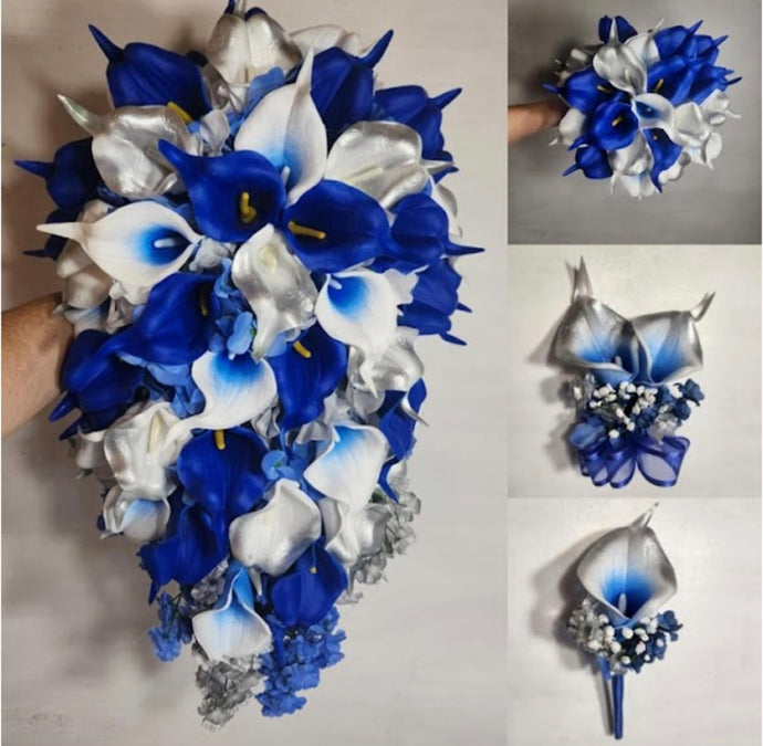 Royal Blue Silver White Calla Lily Bridal Wedding Bouquet Accessories