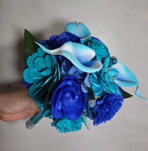 Teal Royal Blue Rose Calla Lily Sola Wood Bridal Wedding Bouquet Accessories