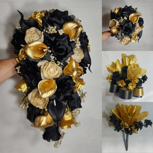 Champagne Gold Black Rose Calla Lily Sola Wood Bridal Wedding Bouquet Accessories