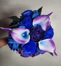 Load image into Gallery viewer, Purple Royal Blue Rose Calla Lily Sola Wood Bridal Wedding Bouquet Accessories
