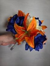 Load image into Gallery viewer, Orange Royal Blue Rose Tiger Lily Bridal Wedding Bouquet Accessories