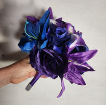 Load image into Gallery viewer, Purple Royal Blue Rose Tiger Lily Bridal Wedding Bouquet Accessories