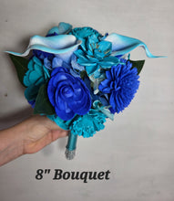 Load image into Gallery viewer, Teal Royal Blue Rose Calla Lily Sola Wood Bridal Wedding Bouquet Accessories
