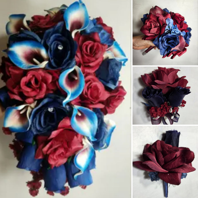Burgundy Navy Blue Rose Calla Lily Bridal Wedding Bouquet Accessories