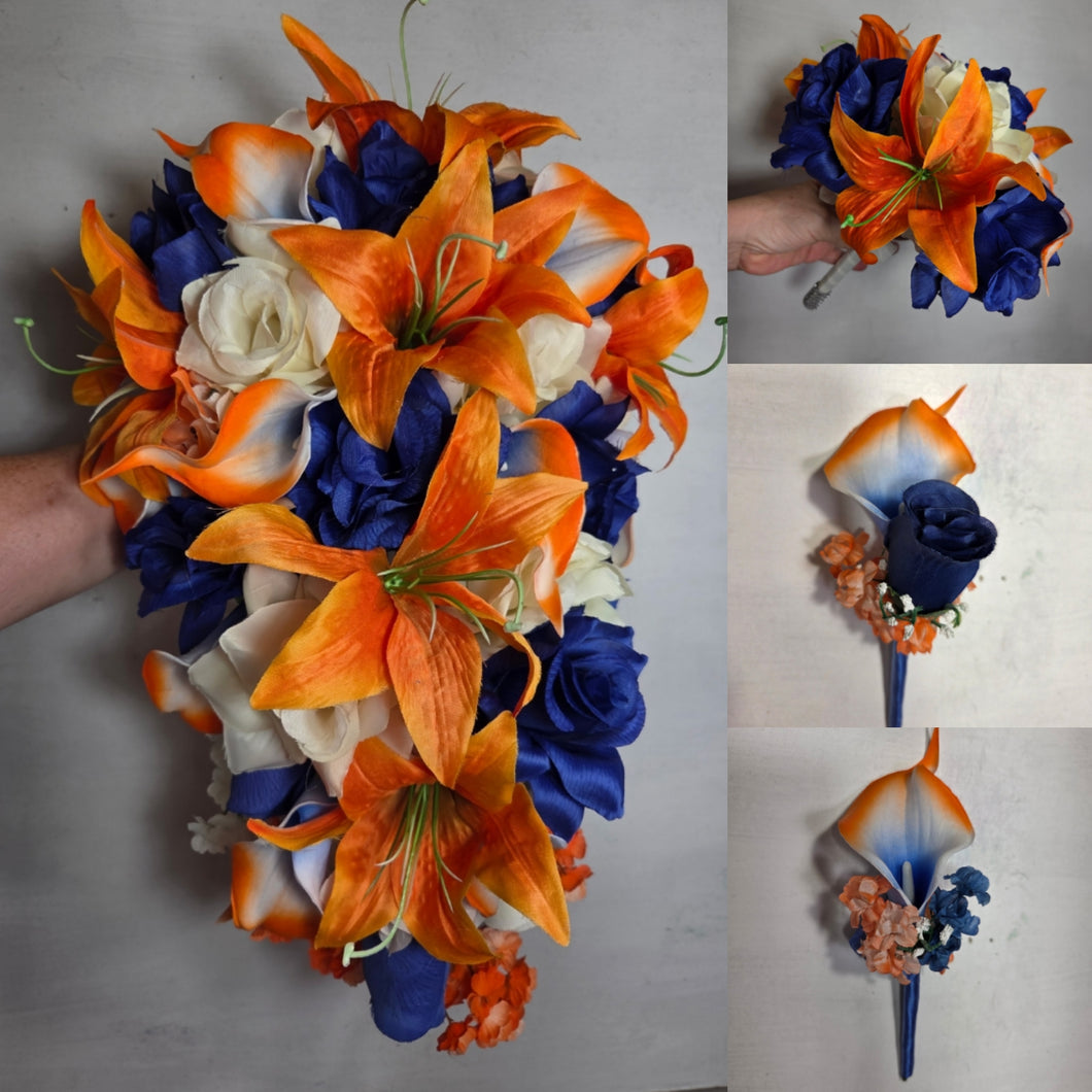 Orange Royal Blue Rose Tiger Lily Bridal Wedding Bouquet Accessories