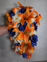 Load image into Gallery viewer, Orange Royal Blue Rose Tiger Lily Bridal Wedding Bouquet Accessories