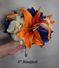 Load image into Gallery viewer, Orange Royal Blue Rose Tiger Lily Bridal Wedding Bouquet Accessories
