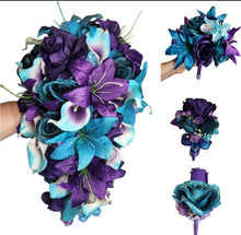 Load image into Gallery viewer, Purple Teal Rose Tiger Lily Bridal Wedding Bouquet Accessories
