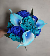 Load image into Gallery viewer, Teal Royal Blue Rose Calla Lily Sola Wood Bridal Wedding Bouquet Accessories