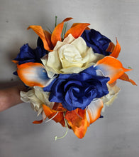 Load image into Gallery viewer, Orange Royal Blue Rose Tiger Lily Bridal Wedding Bouquet Accessories