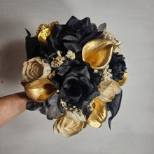 Load image into Gallery viewer, Champagne Gold Black Rose Calla Lily Sola Wood Bridal Wedding Bouquet Accessories