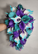 Load image into Gallery viewer, Teal Purple White Calla Lily Bridal Wedding Bouquet Accessories
