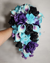 Load image into Gallery viewer, Turquoise Purple Black Rose Calla Lily Bridal Wedding Bouquet Accessories