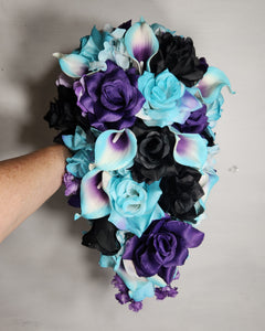 Purple Tuquoise Black Rose Calla Lily Bridal Wedding Bouquet Accessories