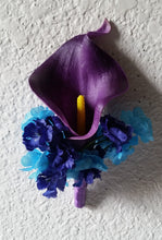 Load image into Gallery viewer, Peacock Royal Blue Purple Turquoise Calla Lily Bridal Wedding Bouquet Accessories