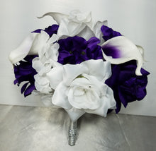 Load image into Gallery viewer, Purple White Rose Calla Lily Bridal Wedding Bouquet Accessories