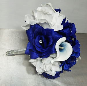 Royal Blue White Rose Calla Lily Bridal Wedding Bouquet Accessories