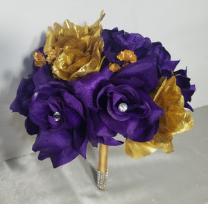 Purple White Gold Rose Bridal Wedding Bouquet Accessories