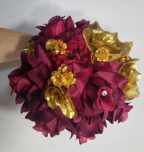 Burgundy Gold Rose Hydrangea Bridal Wedding Bouquet Accessories