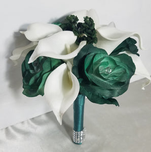 Hunter Green Rose Calla Lily Bridal Wedding Bouquet Accessories