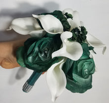 Load image into Gallery viewer, Hunter Green Rose Calla Lily Bridal Wedding Bouquet Accessories