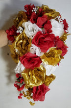Load image into Gallery viewer, Red White Gold Rose Bridal Wedding Bouquet Accessories
