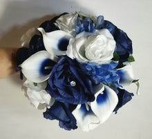 Load image into Gallery viewer, Navy Blue White Rose Calla Lily Bridal Wedding Bouquet Accessories