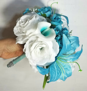 Aqua White Rose Tiger Lily Bridal Wedding Bouquet Accessories