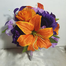 Load image into Gallery viewer, Orange Purple Rose Tiger Lily Bridal Wedding Bouquet Accessories
