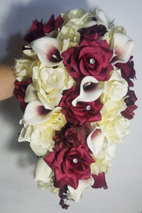 Burgundy Ivory Rose Calla Lily Bridal Wedding Bouquet Accessories