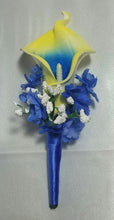 Load image into Gallery viewer, Royal Blue Yellow Rose Calla Lily Bridal Wedding Bouquet Accessories