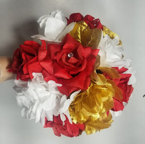 Red White Gold Rose Bridal Wedding Bouquet Accessories