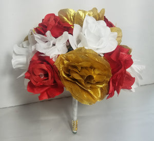 Red White Gold Rose Bridal Wedding Bouquet Accessories