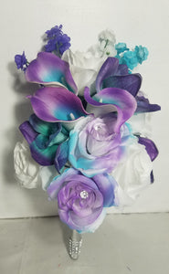 Purple Turquoise White Rose Calla Lily Orchid Bridal Wedding Bouquet Accessories
