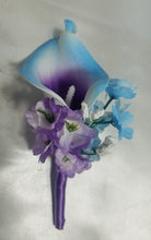 Load image into Gallery viewer, Light Blue Purple White Calla Lily Bridal Wedding Bouquet Accessories