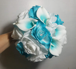 Turquoise White Rose Calla Lily Bridal Wedding Bouquet Accessories