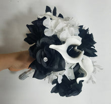 Load image into Gallery viewer, Black White Rose Calla Lily Bridal Wedding Bouquet Accessories