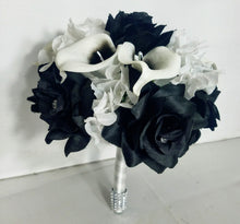 Load image into Gallery viewer, Black White Rose Calla Lily Bridal Wedding Bouquet Accessories